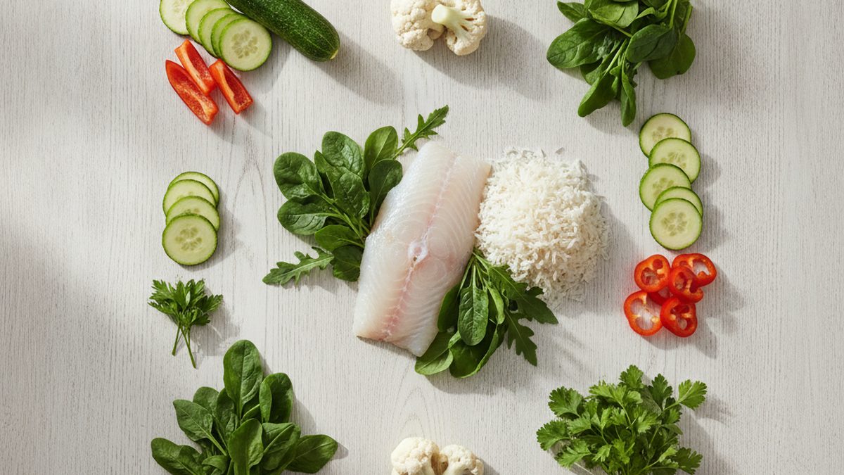 Świeże warzywa, ryż i ryba ułożone na jasnym stole - dieta niskohistaminowa